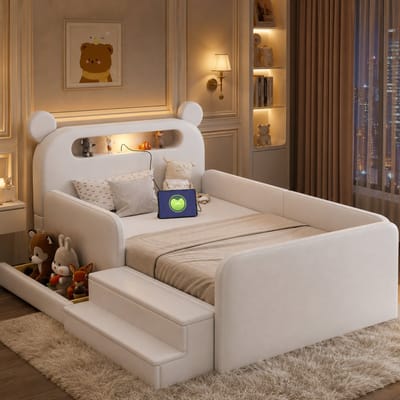 Kinderbed 90x200 cm - Eenpersoonsbed - Gestoffeerd bed - Multifunctioneel bed - Vloerbed - Met opbergvak - Met nachtlampje - Met USB-oplaadpoort - Veilig en comfortabel - Wit