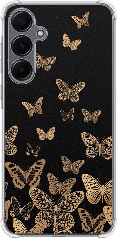 Shockproof hoesje - Geschikt voor Samsung Galaxy A15 - Vlinders - Extra sterke case - TPU/polycarbonaat - Print / Illustratie - Zwart, Goud, Transparant