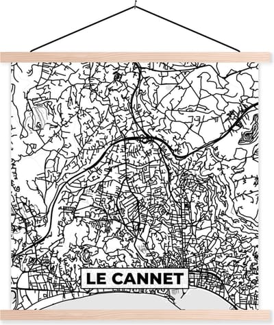 Posterhanger incl. Poster 40x40 cm - Schoolplaat - Kaart – Le Cannet - Stadskaart – Frankrijk – Plattegrond - Zwart wit - Textielposter - Blanke latten - Stadskaart
