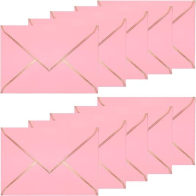 50 Stuks A7 Uitnodigingsenveloppen, 5 x 7 Inch Kaarten, Gouden Rand V-flap Enveloppen voor Bruiloften, Geschenken en Feestjes (Roze)