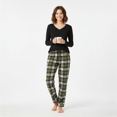 La-V pyjamaset voor dames met geruite flanel broek en V hals top Zwart/groen S