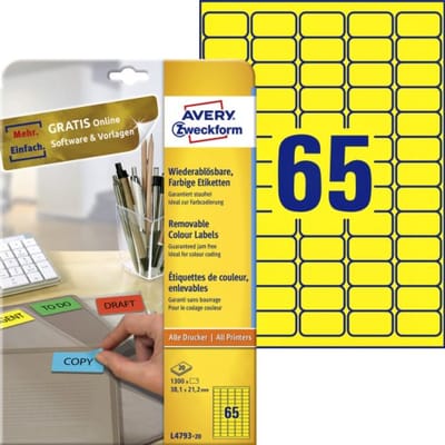 Laseretiket Avery 38 - 1x21 - 2mm 20 vel 65 etiketten per vel geel