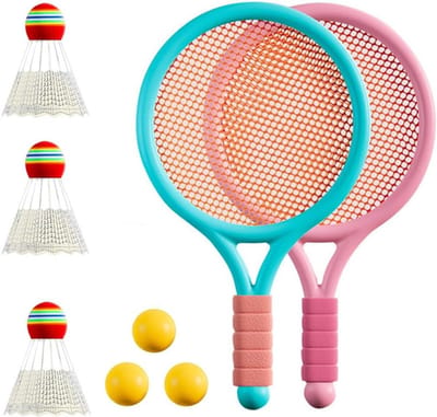 Badmintonset voor Kinderen met 2 Zachte Trainingsballen en 2 Badmintonpalen voor Binnen en Buiten Activiteiten