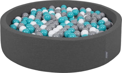KiddyMoon rond ballenbad ballenbad 120x30cm/200 ballen ∅ 7cm ballenbakken kleurrijke ballen voor baby's speelbad peuters, made in the eu, donkergrijs:grijs-wit-turquoise