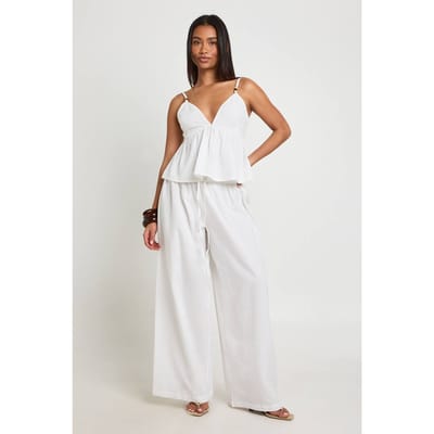 boohoo Dames Linnen Look Kralenversierde Cami & Wijde Broek Co-ord | Natural | Maat: 34