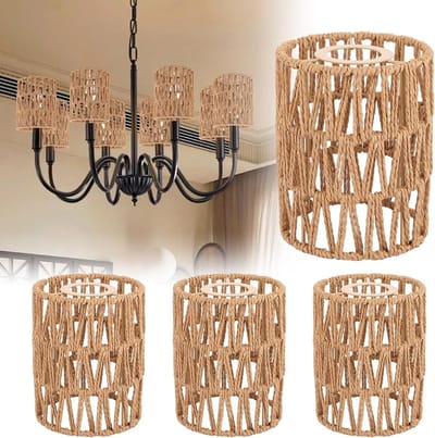 Boho Lampenkap Set van 4 - 12x12x15cm Rieten en Papieren Hanglampen voor Tafel- en Plafondlampen in Natuurlijke Stijl