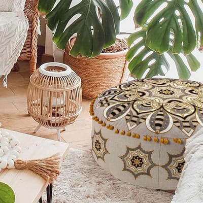 Stuffed Moroccan Stool Ottoman Cover 60x20cm - Boho Deco Pet Bed Footstool Seat Cushion Stool with Handmade Room Decoration for Meditation, Yoga and Chic