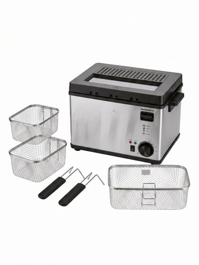 Silvercrest Friteuse - Grote friteuse met 3 verschillende manden om in te frituren - Vermogen: 2000 W - Capaciteit frituurolie: max. 4 L - Capaciteit frituurmanden: 1,4/ 3,1 L - Met 3 frituurmandjes voor verschillende soorten gefrituurd eten