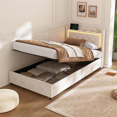 Gestoffeerd Eenpersoonsbed - Bed met Opbergruimte - Slaapkamer Inrichting - Geïntegreerde USB Poort - 90 x 200 cm - Beige