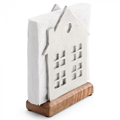 servethouder - Ambiente - mangohout - zilverkleurig - metaal - huisjes - kado - cadeau