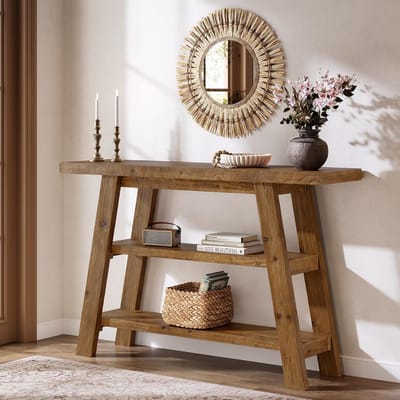 Tribesigns Consoletafel van Massief Hout - Landelijke Haltafel met 3 Laags Planken- Bruin - 120 x 30 x 80 cm - Consoletafel voor Hal, Woonkamer, Entree, Foyer