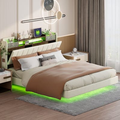 MEUNIQ Polsterbed 160x200 cm met LED-verlichting, USB-aansluiting en opberghoofdbord, tweepersoons bedframe met lattenbodem en verborgen voetdesign voor slaapkamer, beige