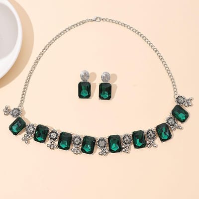 Nieuwe Geometrische Vierkante Edelstenen Mode Sieraden Oorbellen Ketting Tweedelige Set Sleutelbeenketting Sieraden groen