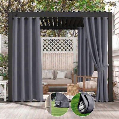 Qelus Buitengordijn Winddicht & Waterdicht - Outdoor Gordijn met Oogjes (Boven) en Anti-wind Lussen (Onder) - Weerbestendig voor Pergola - 132x213cm - Donkergrijs - 1 Stuk