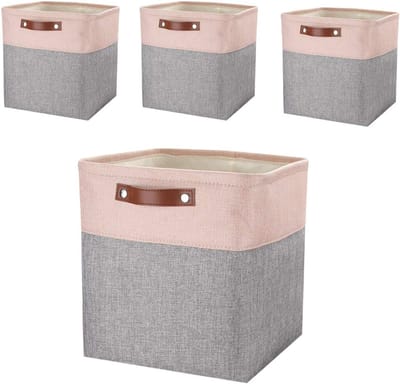Famanu – Stoffen opbergkubussen set van 4 - 33x38x33 cm - opbergmanden met handgrepen voor kleding en - grijs roze