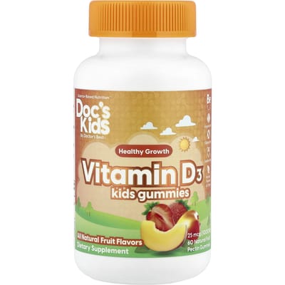 Doctor's Best, Doc's Kids, Vitamine D3 gummies voor kinderen, natuurlijk fruit, 25mcg (1.000IE), 60 natuurlijke fruitpectine gummies