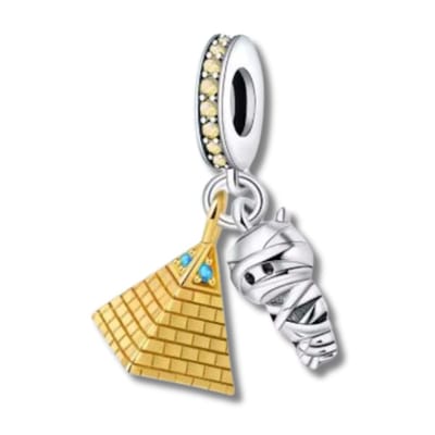 Fler® | Bedel | Past op populaire bedelarmbanden (standaard - 3mm) | Piramide & Mummie Bedel | Hangbedel Charm | 925 sterling zilver | Gele & Blauwe zirkonia | Zwarte emaille | Armband Kraal | Valentijnsdag Cadeau | Sinterklaas kado | Kerstcadeau