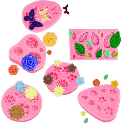 Dailygoods - YXHZVON 6 stuks siliconen bakvormen 3D-bloem, anti-aanbaklaag, siliconen vorm, mini roze vlinder siliconen vormen voor epoxyhars, cake, chocolade, snoep en bakken