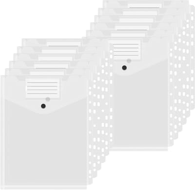 Set van 12 A4 Documentbinders, Transparant Plastic, Documenthouder voor Mappen, 11 Gaten, Perforaties, Uitbreidbaar met Drukknopen en Labels voor Kantoor, School en Thuisgebruik