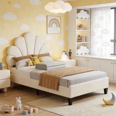 Gestoffeerd bed met bloemvormig hoofdbord en lattenbodem 90x200 cm, Kinderbed, Eenpersoonsbed, Prinsessenbed, Fluweel, Beige. zonder matras