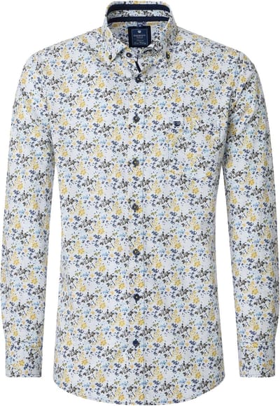 Redmond modern fit overhemd - popeline - wit met blauw en geel dessin - Strijkvriendelijk - Boordmaat: 39 - 40