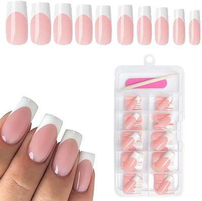 Jhubersproducts - Kunstnagels - Witte Franse tip - Medium vierkante nagels - Nude valse nagels - Acryl kunstnagels - Geschikt voor vrouwen en meisjes