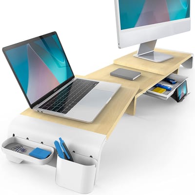 Unyqoos ® Ergonomische Verstelbare Monitorstandaard met Lade, Telefoonhouder en Kabelbeheer voor Bureau