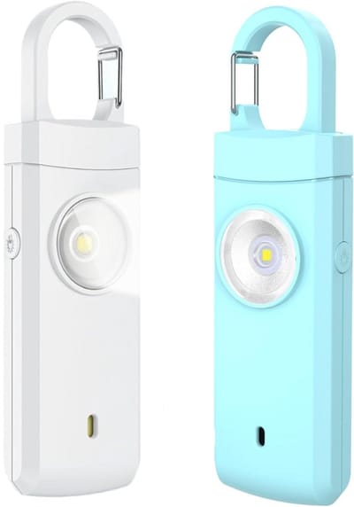 Persoonlijke Alarm - 2 Stuks - Krachtig 130 Db Geluid En Felle Flits - Persoonlijke Veiligheidsalarm - Zelfverdediging Sleutelhanger - Persoonlijke Bescherming - Noodsignaal - Senioren Alarm - Draagbaar Veiligheidsalarm - Wit, Blauw