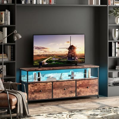 TV-Standaard, LED TV-Standaard, TV-Standaard Opbergruimte, 3 Stoffen Lades, Geïntegreerde Opbergoplossingen, Geoptimaliseerde Kijkervaring Verbeterde Esthetiek (Tijgerstrepen, 108cm)
