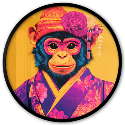 Poster in lijst Rond - Fotolijst 40x40 cm - Posters - Aap - Kimono - Bloemen - Hoofdtooi - Ronde posterlijst zwart - Decoratie - Wanddecoratie woonkamer - Muurdecoratie slaapkamer