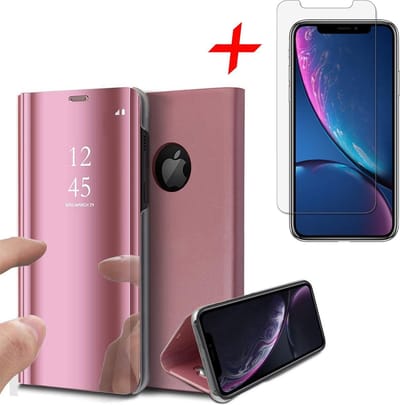 Hoesje geschikt voor iPhone XR - Screen Protector GlassGuard - Book Case Spiegel Roségoud & Screenprotector