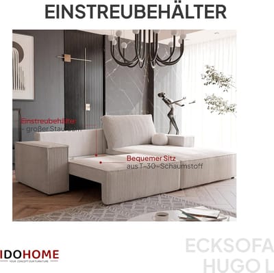 Slaapbank met opbergruimte en slaapfunctie L-vorm 255 x 148 x 70 cm – 3-zits hoekbank met bedlade en DL-uittreksysteem, corduroy lichtbeige – Laura