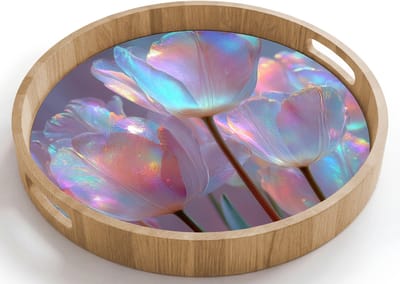 Dienblad rond 40x40 cm - Schootdienblad hout - Tulpen - Glazen - Bloemblaadjes - Pasteltinten - Borrelplank rechthoek - Plateau houten dienbladen