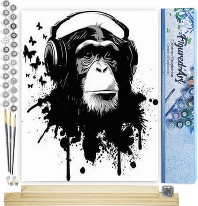 Figured'Art Schilderen op Nummer Volwassenen canvas Gorilla met koptelefoon - Handwerk acrylverf Kit DIY Compleet - 40x50cm met DIY houten lijst