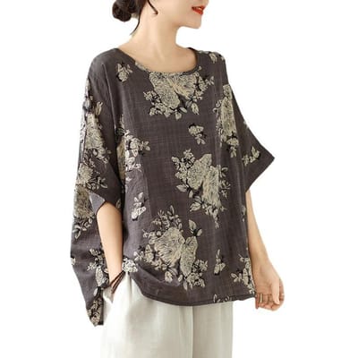 Katoen en Linnen Grote Maat Dames T-shirt met Print Zomer Etnische Stijl Vleermuismouwen Slankmakend Moeder Losse Bloemen Top 3XL black