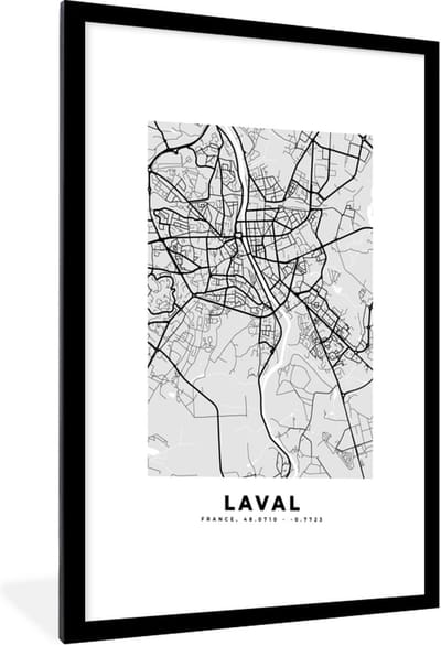Fotolijst incl. Poster - Kaart - Stadskaart - Laval - Plattegrond - Frankrijk - 60x90 cm - Posterlijst