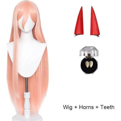 Anime Chainsaw Man Makima Power Cosplay Pruik Lang Oranje Roze Hittebestendig Synthetisch Haar Feest Rolspel Pruiken + Pruikenkapje + Hoorns One Size beige