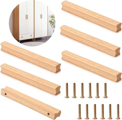 Set van 6 Houten Meubelgrepen met Schroeven, 160mm Gatafstand, Duurzame Keuken- en Deurgrepen voor Kasten en Lades