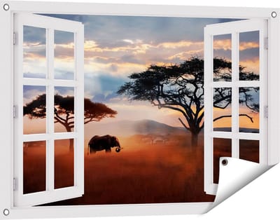 Gards Tuinposter Doorkijk Olifant in het Wild - Savanne - 90x60 cm - Tuindoek - Tuindecoratie - Wanddecoratie buiten - Tuinschilderij