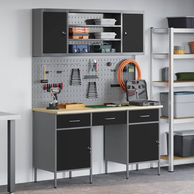 vidaXL - Werk - Cabinet - met - lade - 7 - st - Zwart - Engineered - hout - en - staal