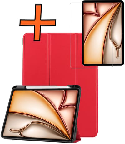 Hoesje - Geschikt voor Apple iPad Air M3/M4 (2025/2026) - 11 inch - Met Screenprotector - Trifold Bookcase - Hard Cover Case - Met Uitsparing Geschikt voor Apple Pencil - Hardcover Book - Tablet Hoes - Rood