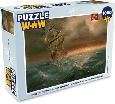 Puzzel Illustratie van een zeilschip op de golven bij zonsondergang - Legpuzzel - Puzzel 1000 stukjes volwassenen