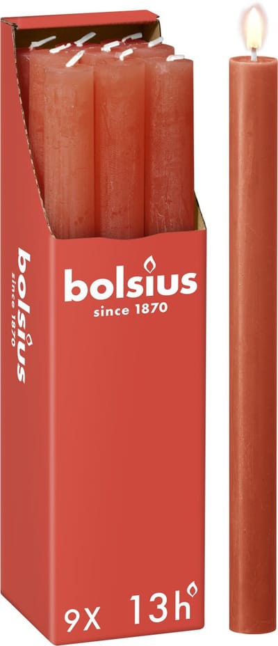 Bolsius - Rustieke Dinerkaarsen - Oranje - 9 stuks - 13 branduren - 27 cm