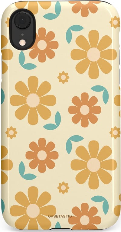 Casetastic hoesje geschikt voor Apple iPhone XR - Dubbellaagse bescherming - Flower power Retro Bloemen - Geel - Oranje - Blauw - Fashion Case - Crème Goud Perzik
