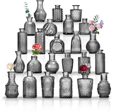 Allecto - Set van 24 kleine glazen vazen - Vintage decoratie - Rookgrijs - Tafeldecoratie - Bruiloften en recepties - Multifunctioneel