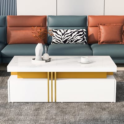 Moderne Rechteckige Salontafel - 100x50x40 cm - Hoogglans Tafelblad - 2 Houten Lades - Marmer Effect
