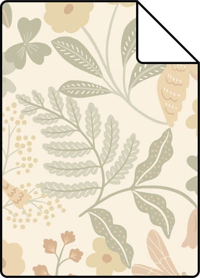 Proefstaal ESTAhome behang bloemen en vogels beige, groen en zacht roze - 26.5 x 21 cm - 139867-S