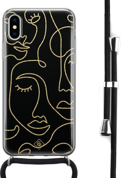 Casimoda® hoesje met koord - Geschikt voor iPhone Xs - Abstract Faces - Afneembaar koord - Siliconen/TPU - Zwart