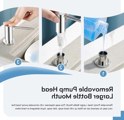 Ingebouwde zeepdispenser voor keukenwastafels, vlak gemonteerd met 500 ml fles en 1 m verluchtingsslang, roestvrij staal, gepolijst chroom, ideaal voor keuken en badkamer