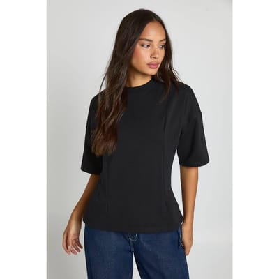 boohoo Dames Interlock boxy T-shirt met opgevouwen taille-detail | Black | Maat: 6